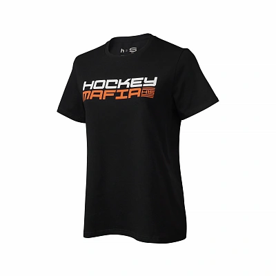 Футболка женская "Hockey Mafia". Оранжевый принт на спине.