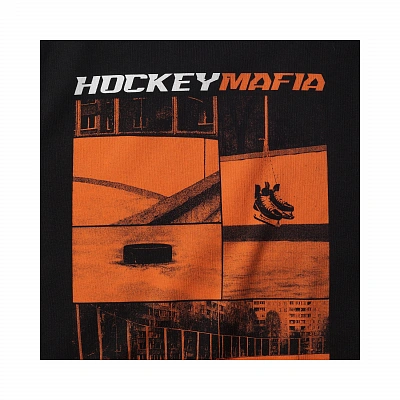 Футболка женская "Hockey Mafia". Оранжевый принт на спине.